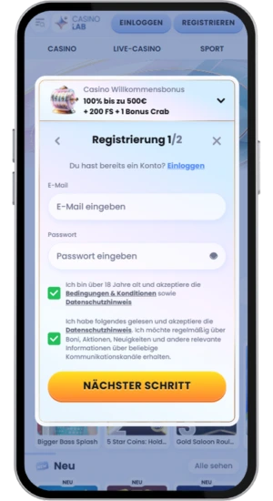 Registrierungsformular für ein Casino-Konto