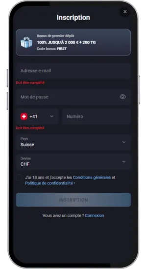 Formulaire d’inscription à un compte de casino