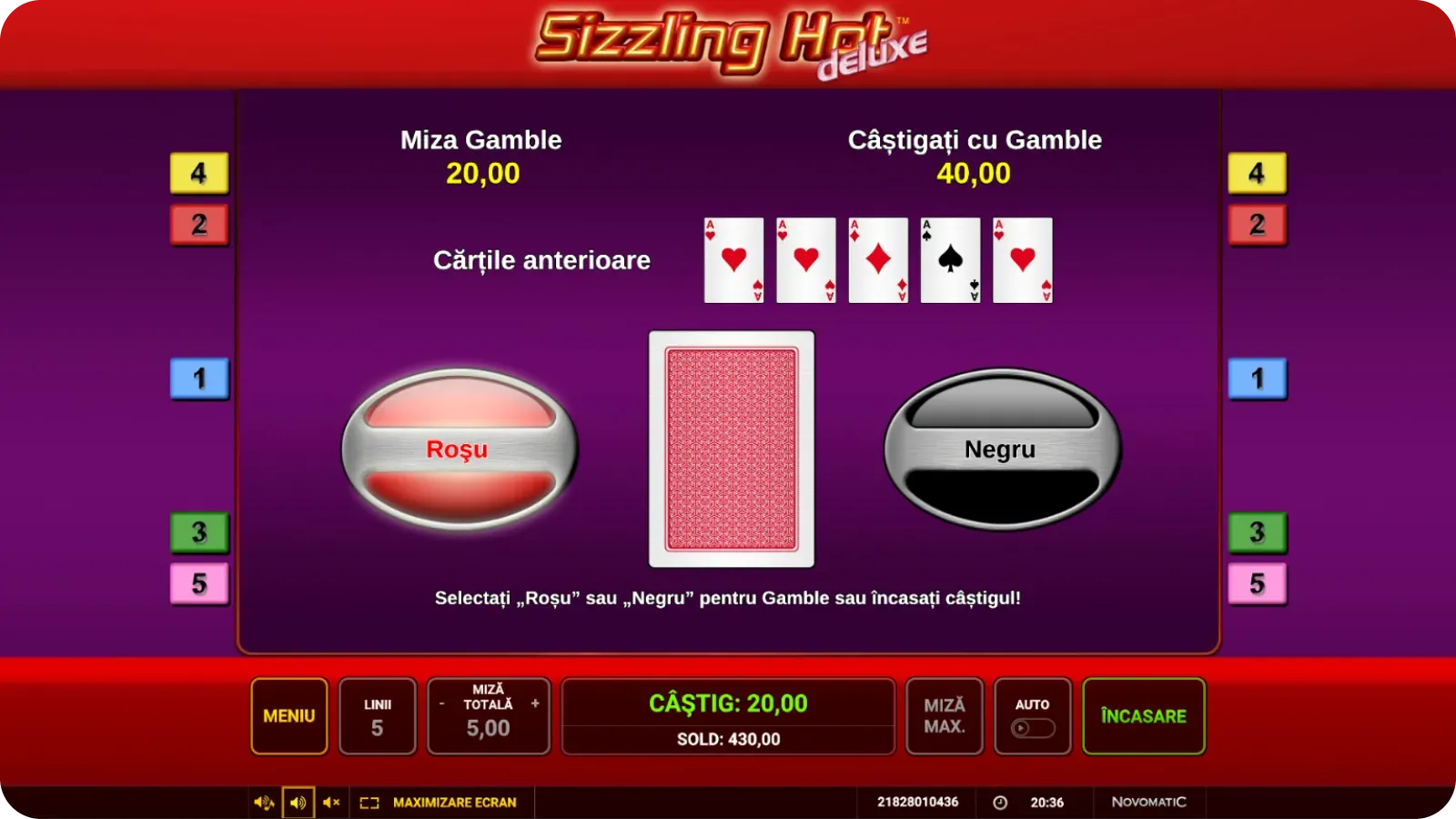 Funcția jocului de risc cu alegerea cărții în Sizzling Hot