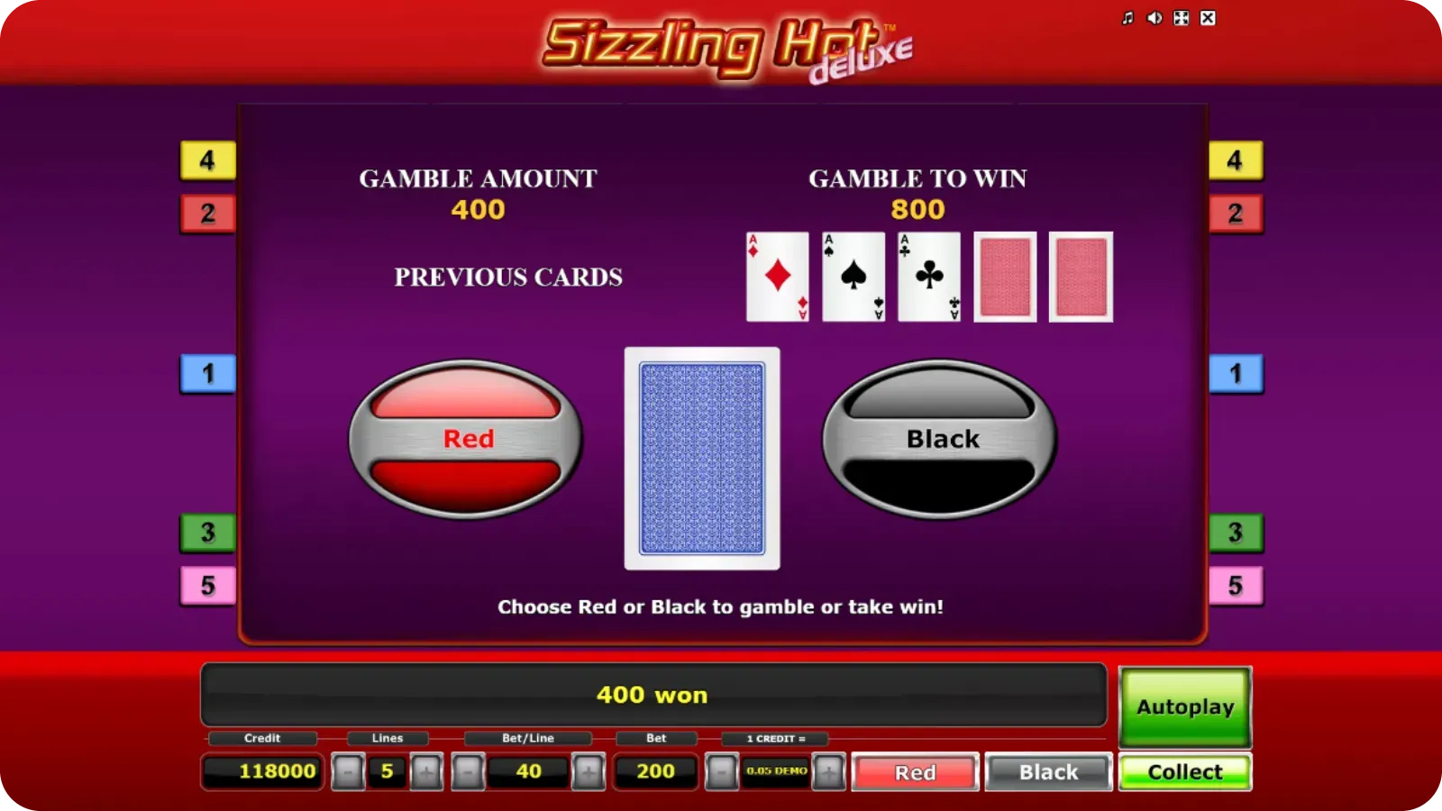 Gamble feature with card colour selection in Sizzling Hot