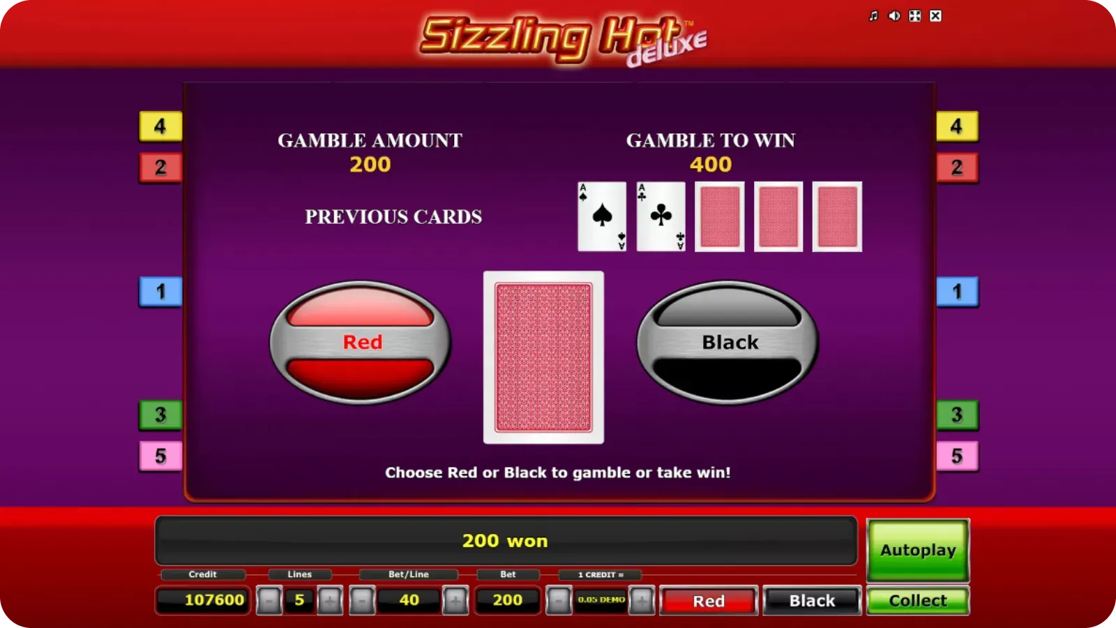 Funzione gioco rischio con scelta della carta in Sizzling Hot