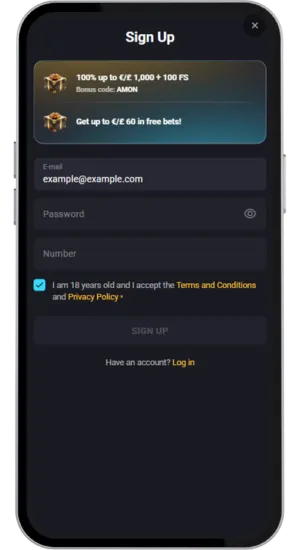 Registration form for a casino account