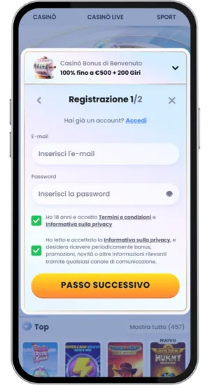 Modulo di registrazione per un conto casinò